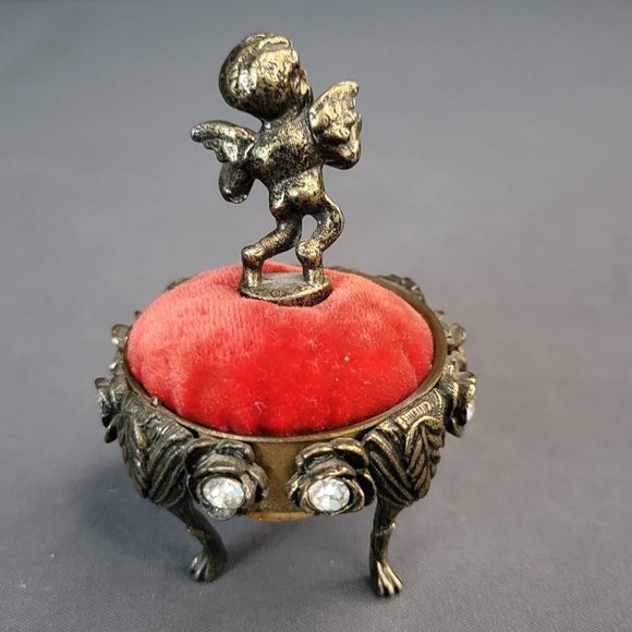 Vintage Mini Angel Cherub Figurine Red Velvet Pin Cushion Metal Footed 2.5” x 2" - Picture 2 of 6